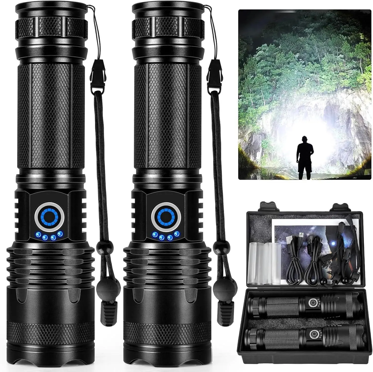 2 Pack Rechargeable Flashlights High Lumens, 90,000 Lumens Super Bright Flashlight-Storage Box, 5Modes LED Flashlight Rechargeable, Adjustable Tactical Flashlights High Powered, Flash Lights for Emergency Camping Home，Christmas gift
