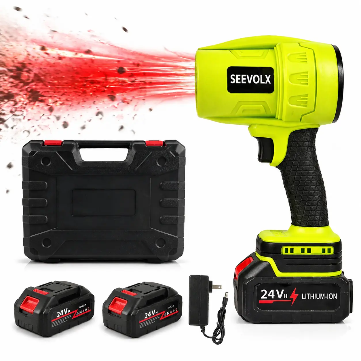 SEEVOLX 24V Cordless Leaf Blower Kit - Portable Power Leaf Blowers & Vacuums with 2 Batteries, Charger, Hard Case for Outdoor Cleaning, Efficient Performance