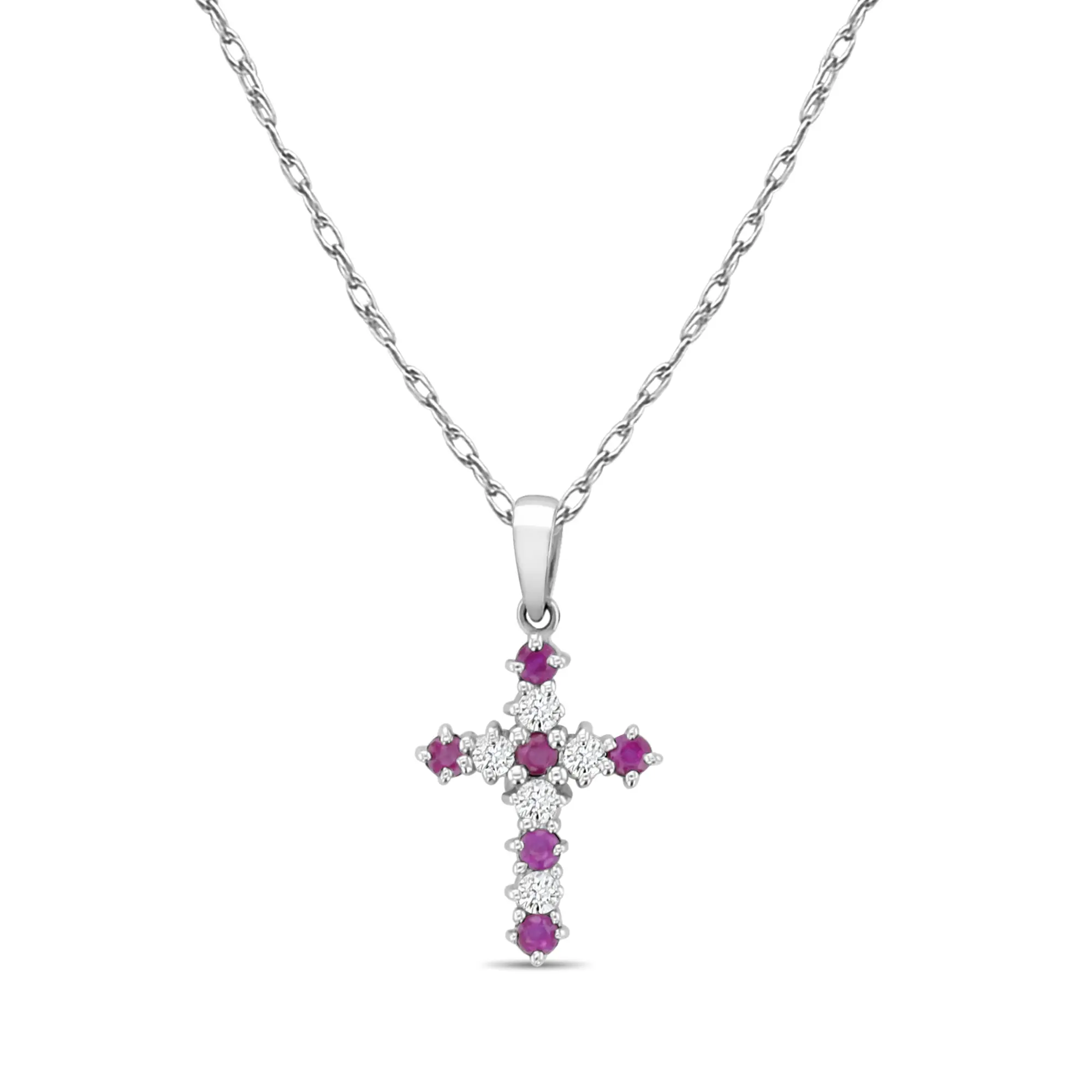 Half Carat Ruby Diamond Cross Necklace 14k White Gold