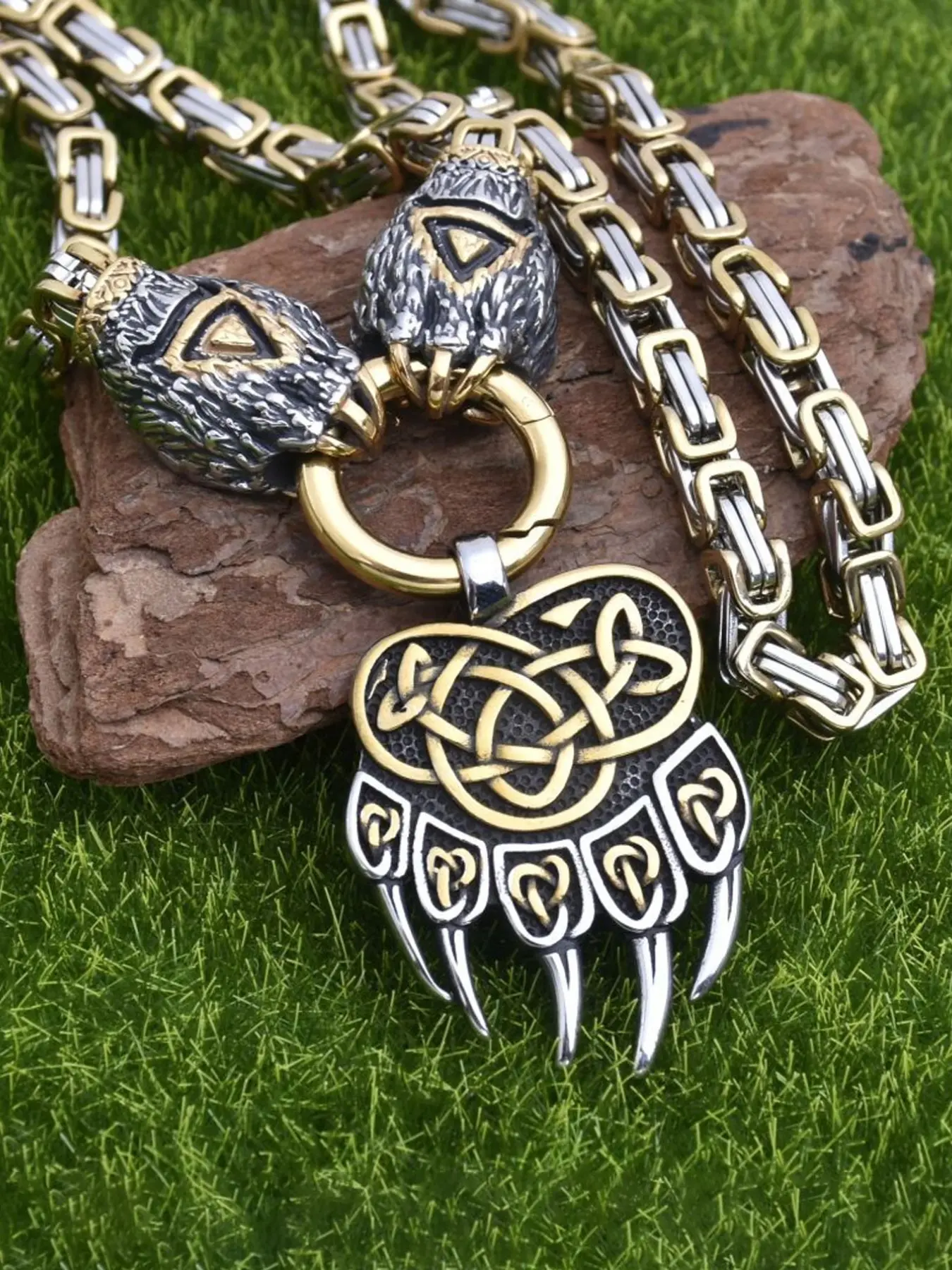 Vintage Viking Bear Claw Pendant Alloy Necklace for Men, Stainless Steel Chain, Fashionable Casual Style, Perfect Party Accessory Gift, Necklace Layering Clasp, Fashion Cool Accessories, Decorative Necklace