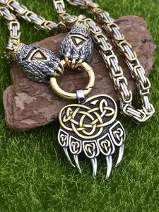 Vintage Viking Bear Claw Pendant Necklace for Men, Stainless Steel Chain, Fashionable Casual Style, Perfect Party Accessory Gift, Necklace Layering Clasp, Fashion Cool Accessories, Decorative Necklace