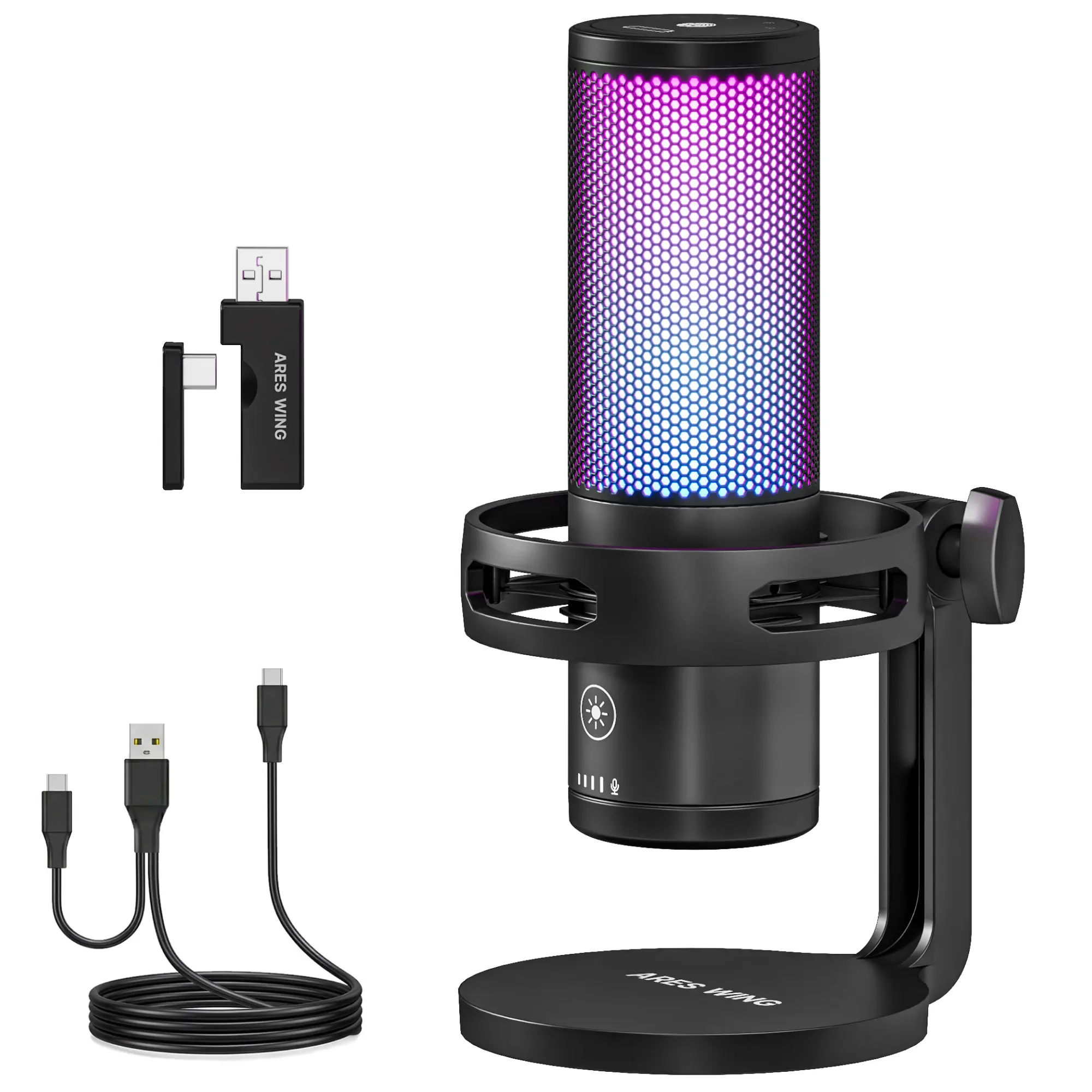 ARES WING Wireless Gaming USB Microphone, RGB PC Mic with Gain Control, One-Tap Mute, Smart Noise Reduction, Cardioid Streaming Microphone with Shock Mount for PC, Laptop, PS4/PS5