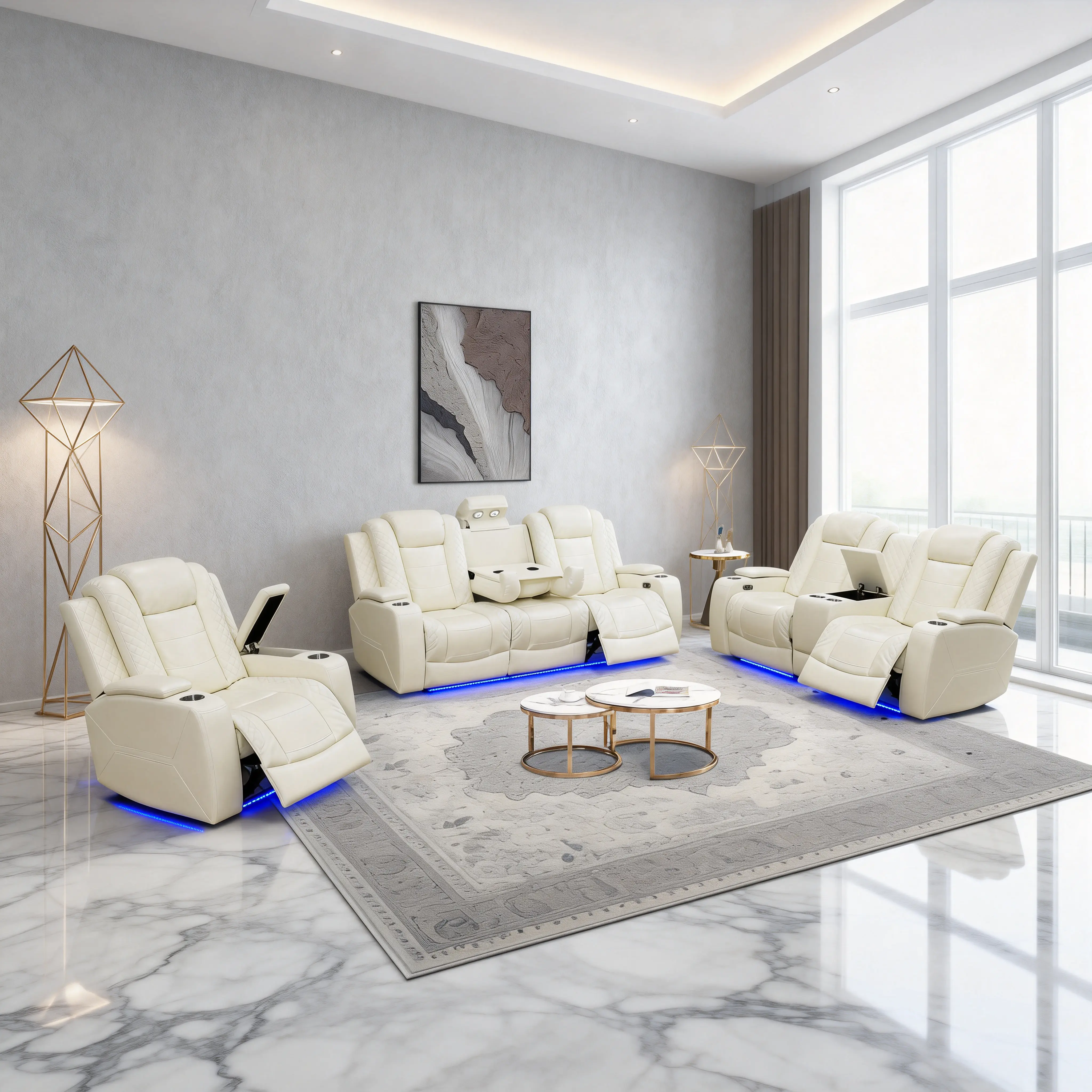 Summervibes 3-Piece Leather Reclining Sofa Set - Breathable Recliner Loveseat, Elegant Finish - Modern Couch Set, Contemporary Style Living Room Furniture for Entertaining Guests, Lounging