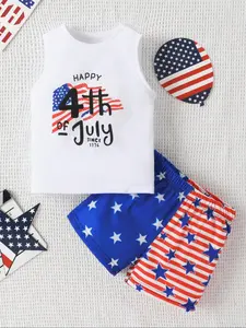 Young Boy Flag Tank Top and Shorts Set, Summer Festival Letter and Pattern Design, Casual Fitted for Kids, Summer Clothing Set, Sleeveless Set