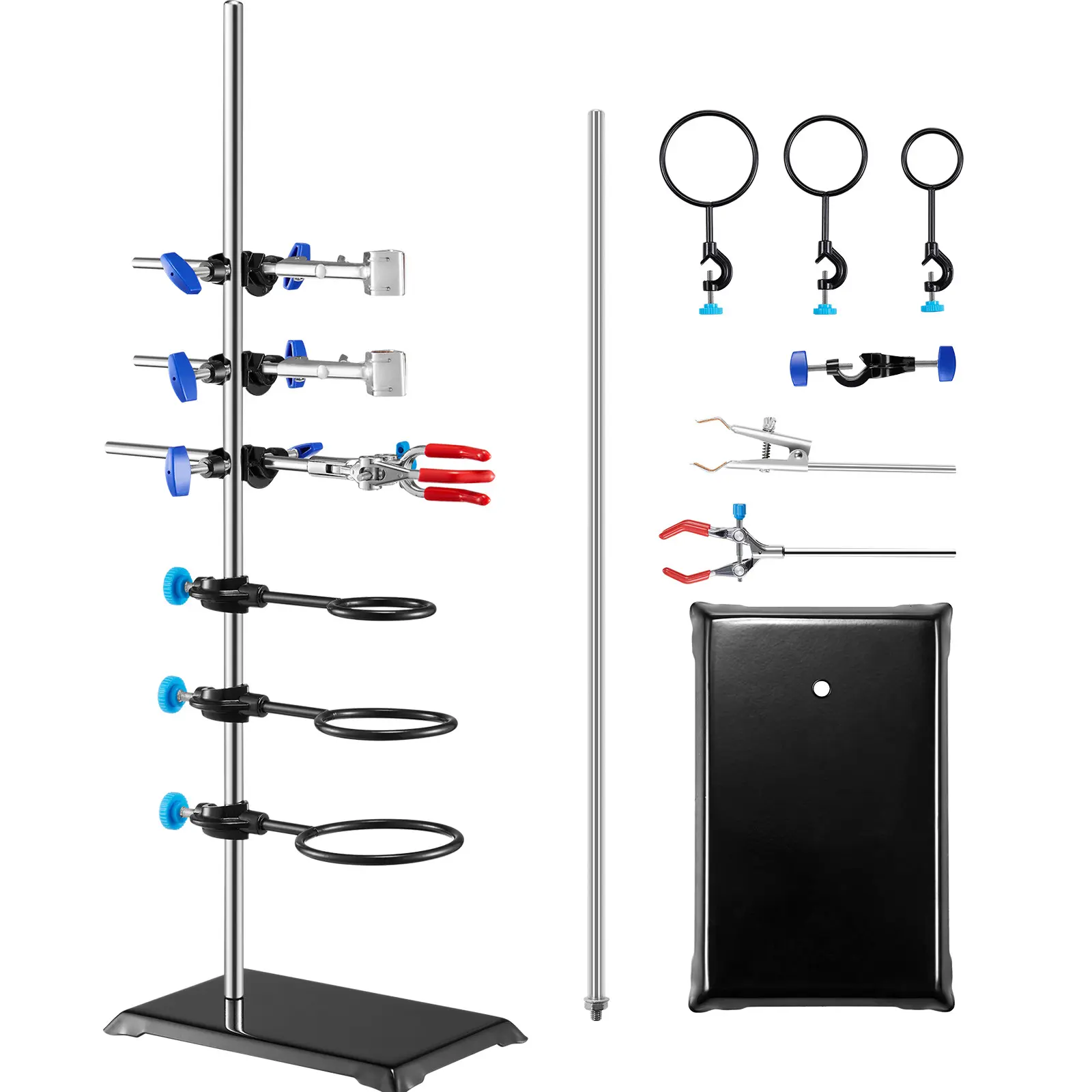VEVOR Lab Stand Support,  Laboratory Retort Support Stand Set, Steel Lab Stand 23.6" Rod and 8.3" x 5.3" Cast Iron Base, Includes Flask Clamps, a Burette Clamp and Cross Clamps