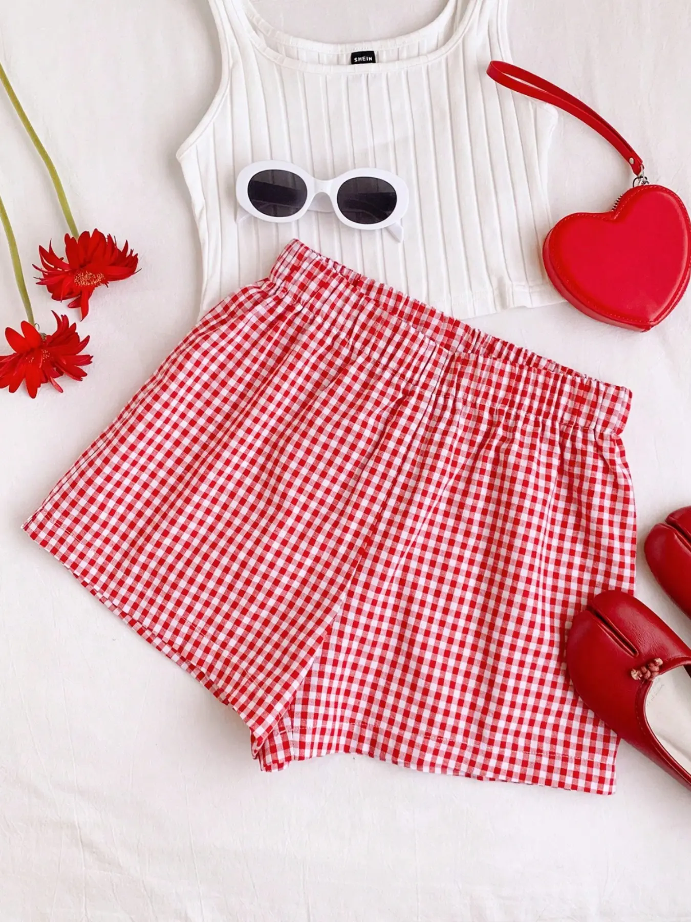 Red Gingham, Checker Elastic Waistband Shorts, Viral Summer Coquette Aesthetic Bottoms, Y2K Cute Casual Fashionable Shorts, Lightweight Breathable Linen Blend Fabric, Trendy Girl Streetwear Essential, Effortlessly Stylish for Hot Days & Fun Hangouts