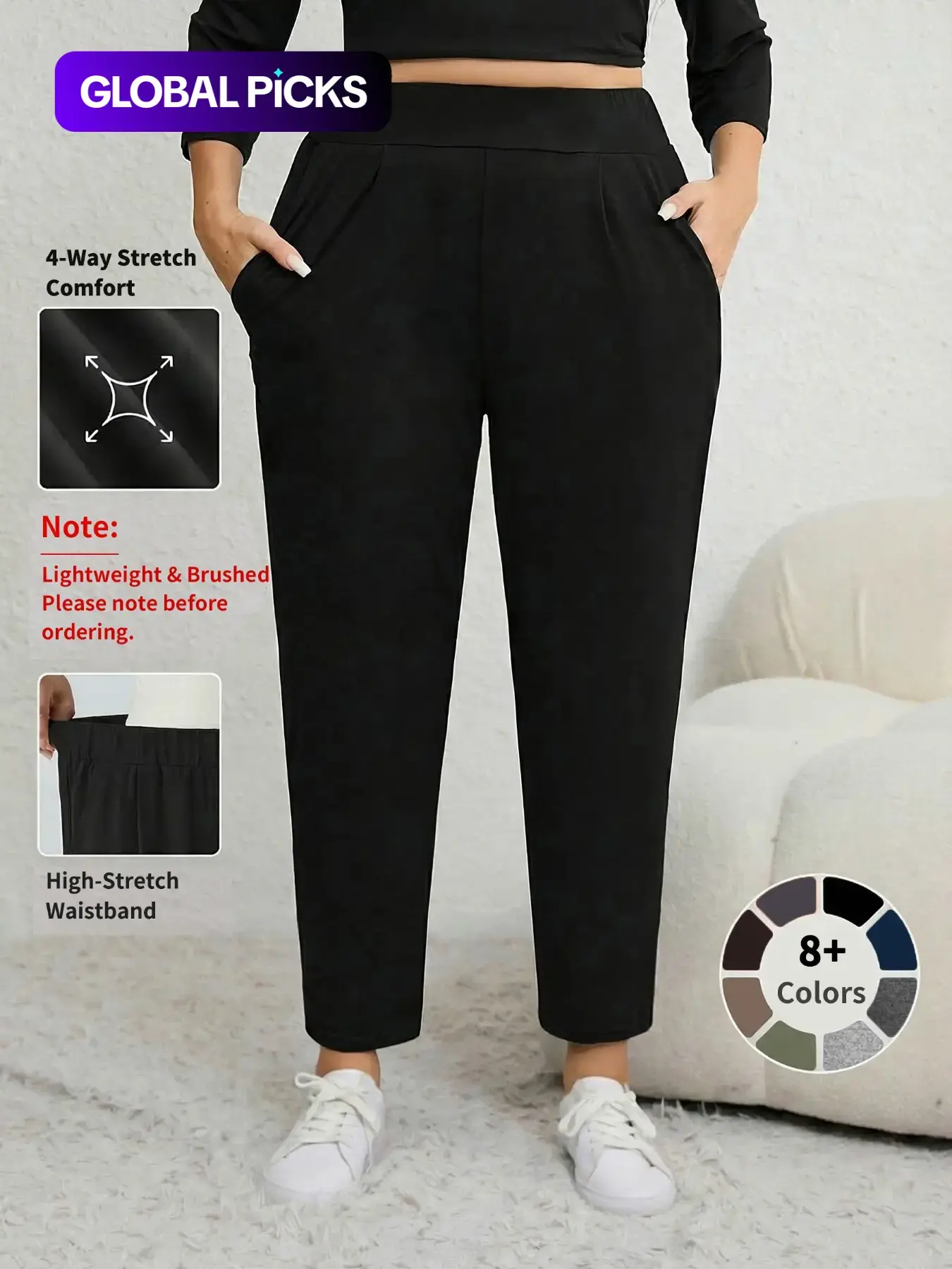 Plus Size Solid Plicated Pocket Elastic Waist Joggers, Casual Sporty High Waist Trousers for Women, Women's Sportswear for Indoor Outdoor Wear, Women Workout Clothes, Fitness Trousers, Yoga Sports Trousers