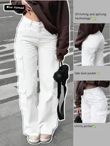 Women's Casual High Waist Denim Jean Trouser Button Work Pants with Pockets, Loose-Fitting Solid Color Straight Leg Design for Everyday Wear