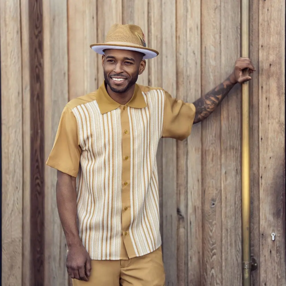 Montique Mustard Woven Vertical Stripe 2-Piece Walking Suit
