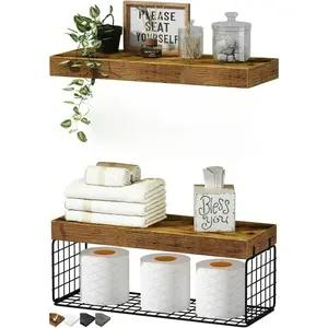 ‎Bathroom Shelves Over Toilet - Paper Storage Wall Mounted Farmhouse Decor Decorations Aesthetic Décor Sign Small Floating Shelf 2+1 Set 16 inch, Rustic Brown