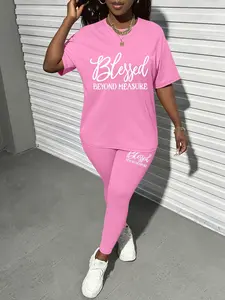 Printed pattern Women's Tee & Skinny Pants Essential Two-Piece Set, Casual Fashion Cozy Round Neck Short Sleeve Fit T-Shirt & Trousers for Daily Outdoor Wear, Ladies Summer Clothes, Womenswear, Spring
