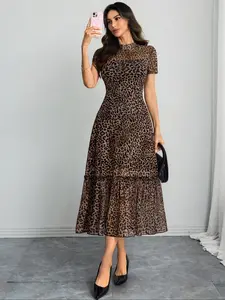 Women's Sexy Leopard Print Elegant Round Neck Mesh Skirt Dress, Stylish Casual Fashion, Perfect for Parties and Daily Wear