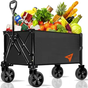 Wagons Carts Foldable, 350lbs Weight Capacity Collapsible Wagon with -Terrain Wheels, Grocery Cart  Wheels for Shopping Camping Garden  Beach Black