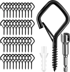 42 count Screw Hooks for Outdoor String Lights, Q-Hanger Hook with Safety Buckle, Patio Wall Ceilling Square Eye Cup Hook for Hanging  Pots Christmas Decor Wire Fairy Led, Wind Nut Driver, Black