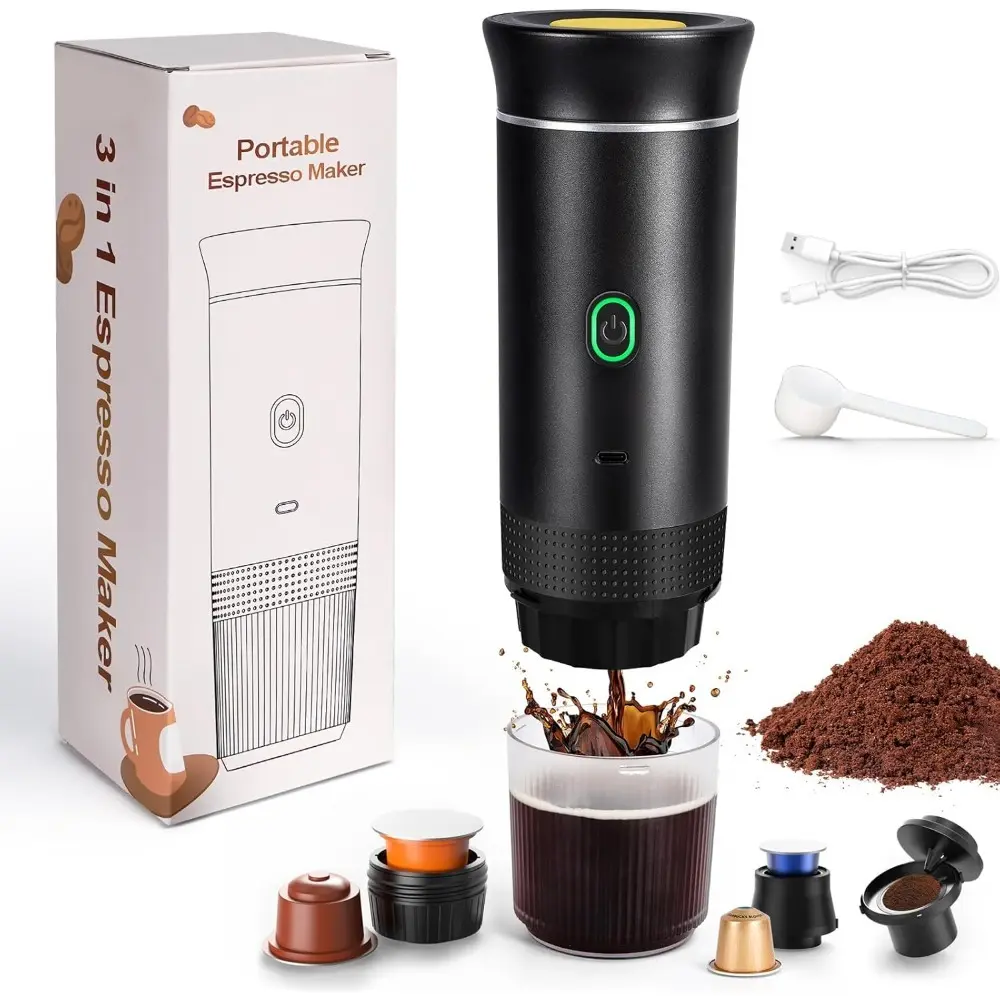 Electric Espresso Machine, 3 In 1 Portable Coffee Maker for Travel, 4-6 min Self-Heating, Compatible with Ground Coffee & Large Capsules, Small Capsules, for Hiking, Camping, RV, Office (Black) TikTokShopBlackFriday Christmas Coffee Sets Gift