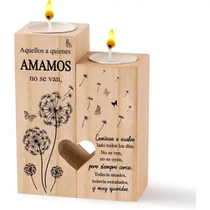 Spanish Sympathy Candle Holders for Loss of Loved , Wooden Heart Condolence Remembrance Keepsake Candlestick Table Decor for Mom Dad Grandma , Spanish Memorial Bereavement Present