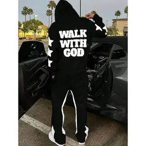 TikTok Trending! Black Hoodie and Sweatpants Set with "WALK WITH GOD" Print and Star Graphics, Ideal for Streetwear and Religious - inspired Looks
