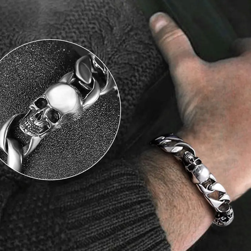 FaithHeart Gothic Skull Cuban Link Bracelet for Men, 15mm 65g Heavy Stainless Steel Punk Daily Jewelry, Unisex Appeal 8.6-Inch Masculine Wrist Accessory (Cuban Chain Bracelets Included)