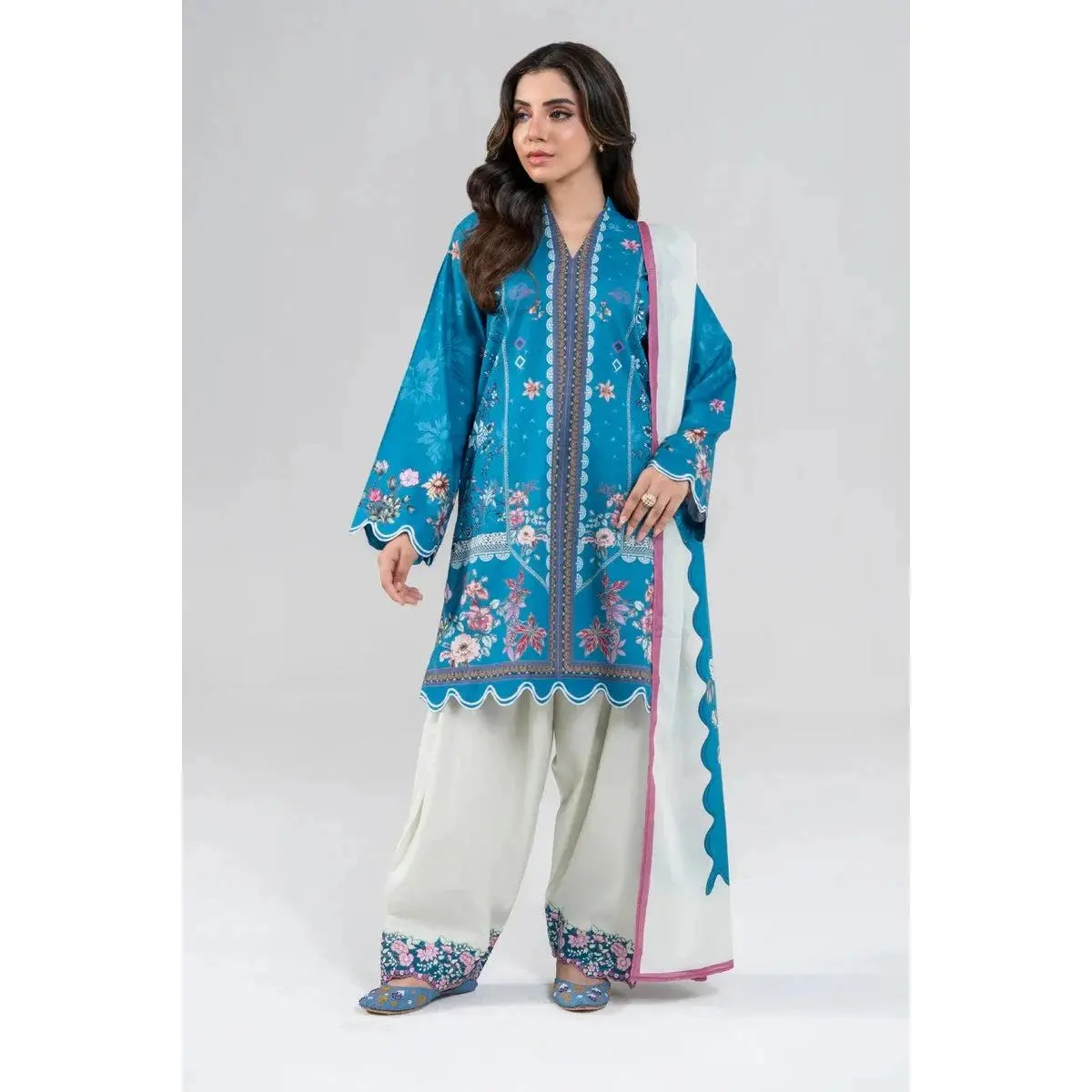 3-Piece Printed Lawn Suit for Women | Blue Ethnic Pattern Shirt and Trouser Set with Dupatta | Breathable Ready to Wear Ensemble, Elegance, Lawn Fabric, Clothes, Breathable Lawn