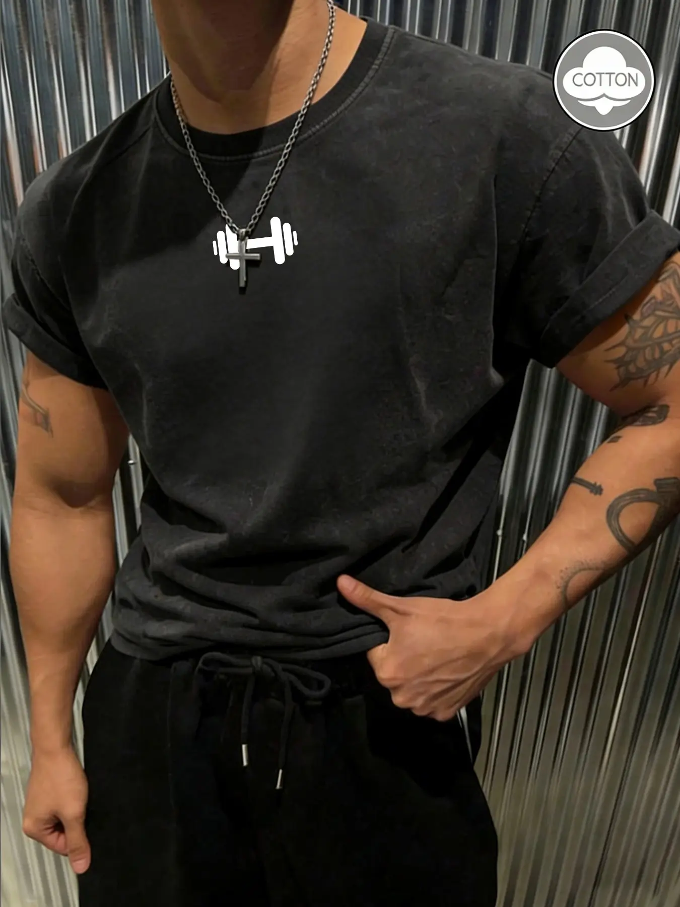 Heavyweight Cotton Dumbbell Graphic Gym T-Shirt | Versatile Multi-Wear Casual Tee Sportswear Gym Tees | Oversized Vintage Wash Streetwear for Workout, Running & Everyday Outfits Active T Shirts