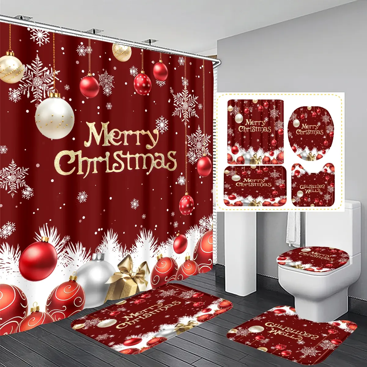 Christmas Bathroom Set with Multifunctional Decorative Shower Curtain, Hooks, Bath Mat & Toilet Lid Cover, Festive Holiday Decoration