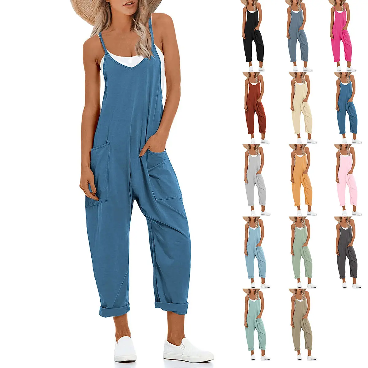 Naeduo Women's Y2K Jumpsuit Romper Stretchy Wide-Leg Harem Overalls with V-Neck Adjustable Straps Deep Pockets Casual Sleeveless Streetwear for Summer Basic Black Pants SpringStatements SpringStatements Wideleg