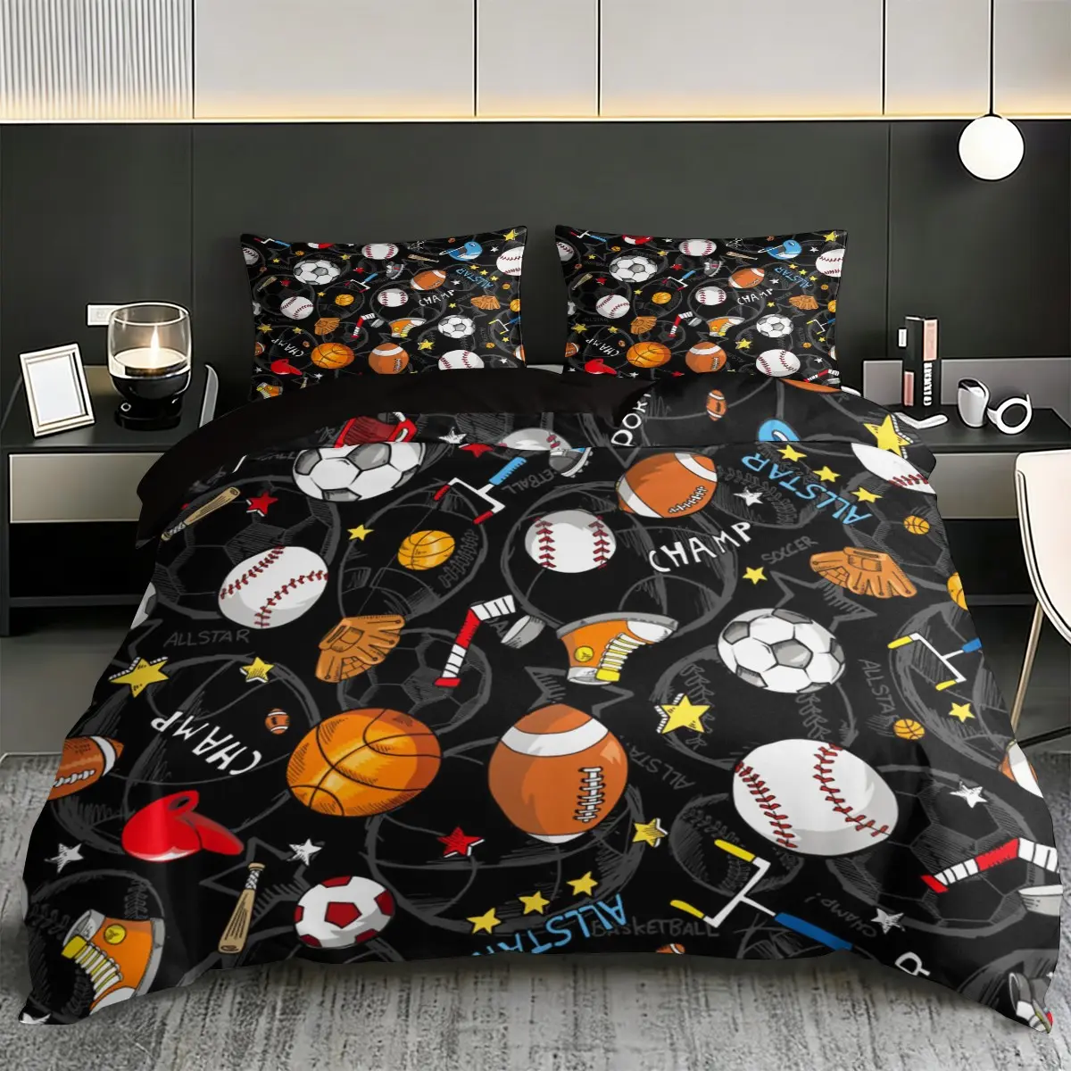 3pcs Trendy Sports Ball Bedding Set, Duvet Cover + 2 Pillowcases, Polyester, Perfect for Teen Bedrooms & Sports Fan Themed Rooms, Bedding Sets for Sports Fans