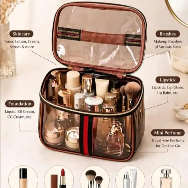New retro vintage vanity bag, clear makeup organizer with handle, large-capacity water-resistant cosmetic toiletry bag for women, travel skincare storage case, vintage makeup pouch