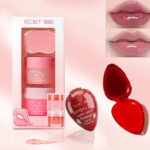 Secret Tribe Lip Care Set, Moisturizing Hydrating Lip Mask, Exfoliating Scrub, Lip Brush, Dead Skin Remover, Brightening Lip Color Kit, Strawberry Glossy Lip Gloss