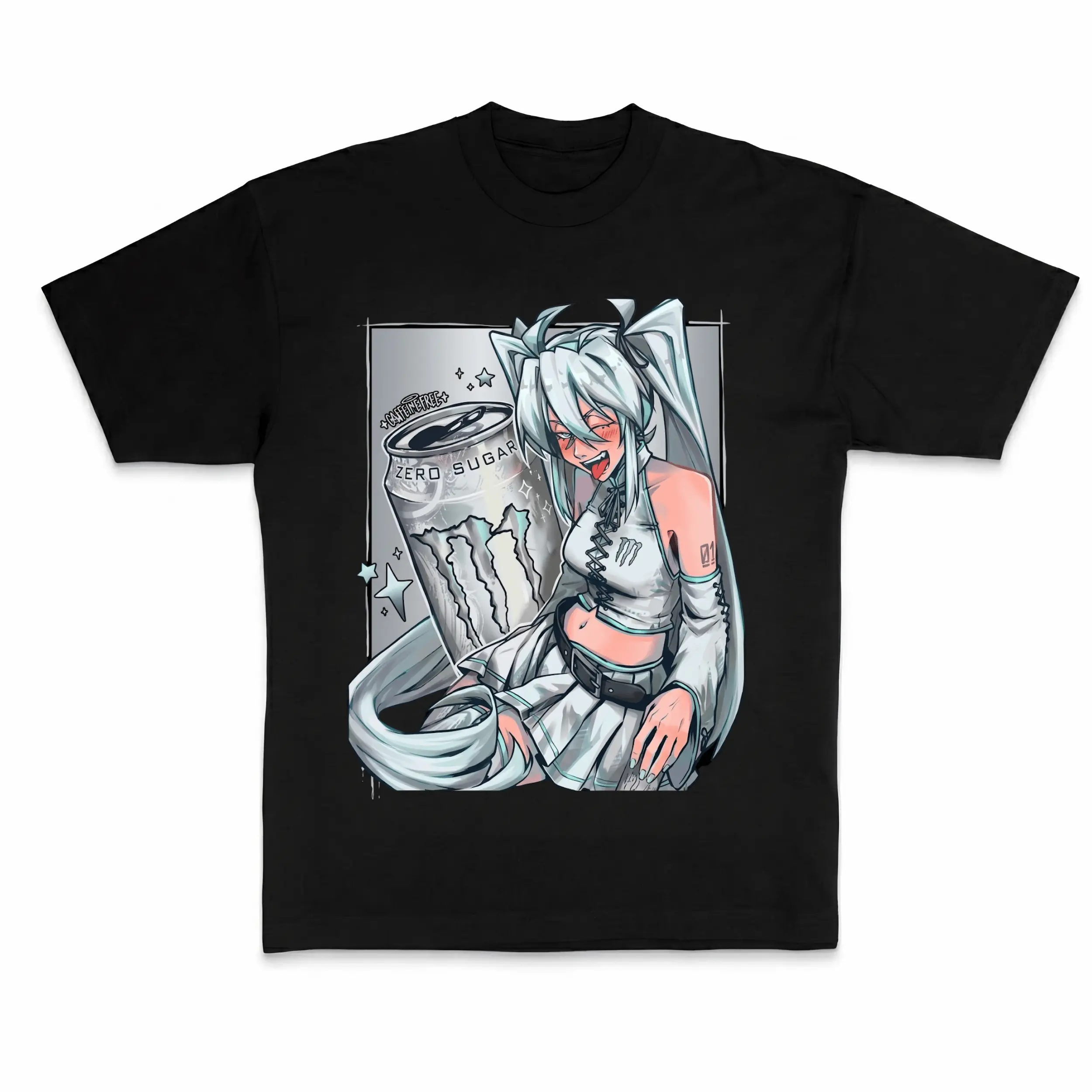 Hatsune Miku x Monster Drink Vintage Tee, Anime Girl Zero Sugar Shirt, Goods Graphic Tee, Aesthetic Shirt, Gothic Grunge Y2k Emo Scene Amity Affliction Style Clothes, Unisex Trendy Otaku Gift T-Shirt Top Menswear Womenswear Streetwear