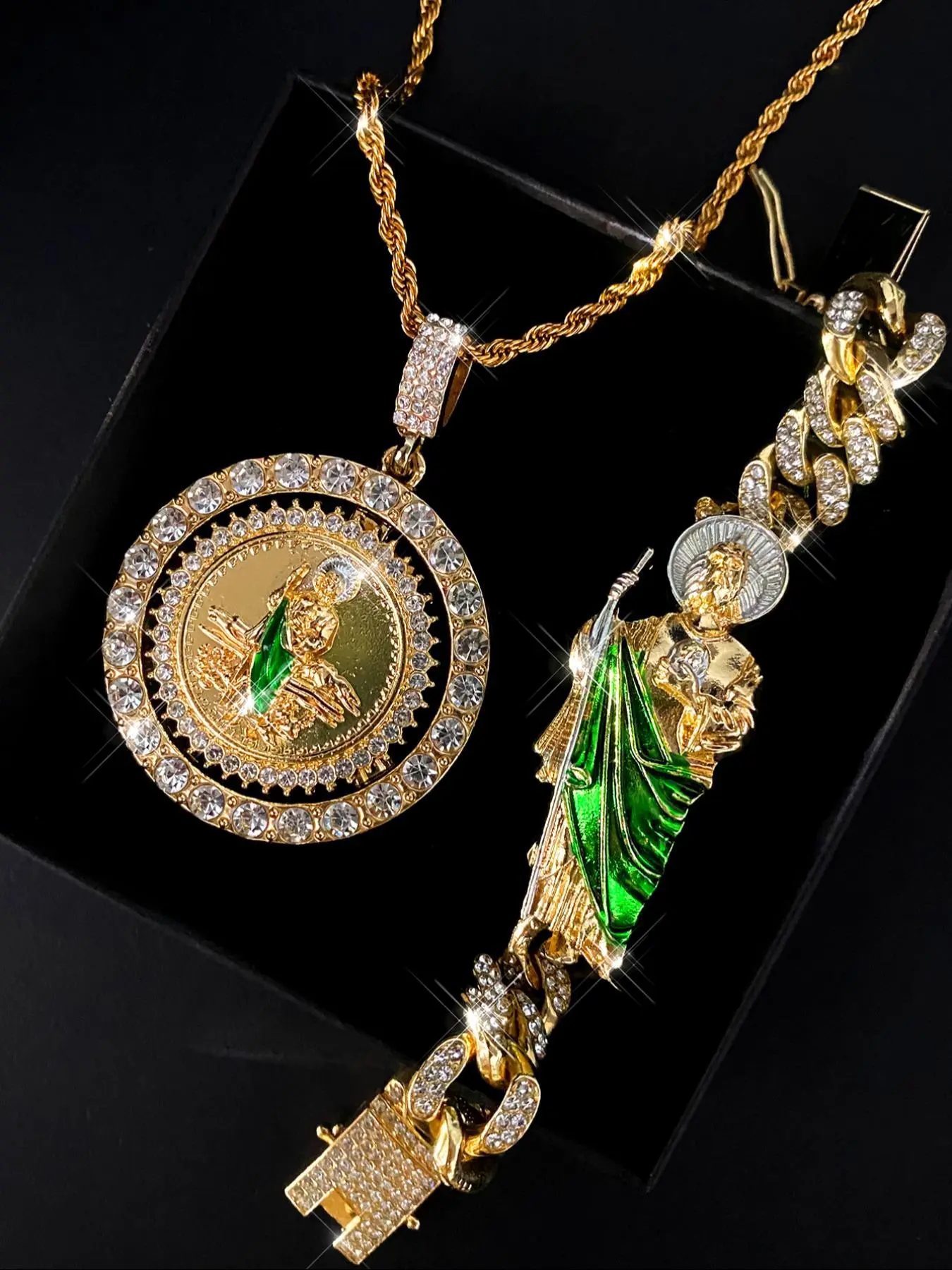 Hip-Hop St. Jude Mexican Charm Jewelry Set, Religion Bracelet, Pendant and Necklace Set, Catholic Faith Punk Accessories, Holiday Blessing Jewelry Gifts for Men and Women