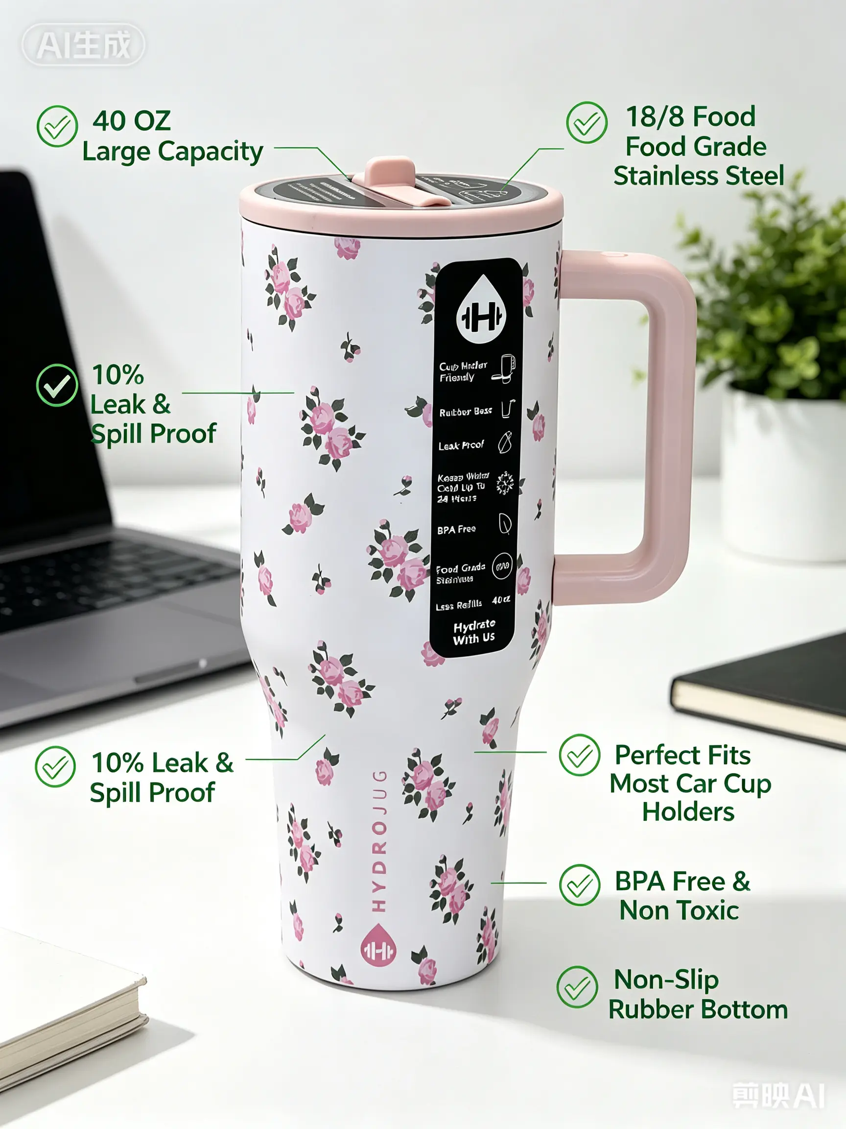 HydroJug 40oz Stainless Steel Travel Tumbler,Floral Pink Rose Print, - BPA-Free, Leakproof, Anti-Scalding Vacuum Flask, Ergonomic Comfortable Grip Handle, Ideal for Sports, Garden Use to Stay Hydrated