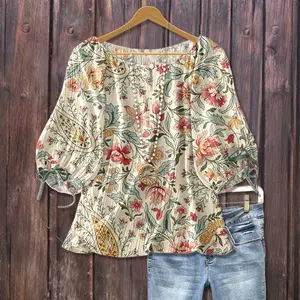 Cherrybetty Mixed Floral Print Tied Lantern Sleeve Top Bohemian Shirts Casual women's summer outfits going tops going outfits cute summer outfit Womenswear Blouse light boho flowy plus size tops