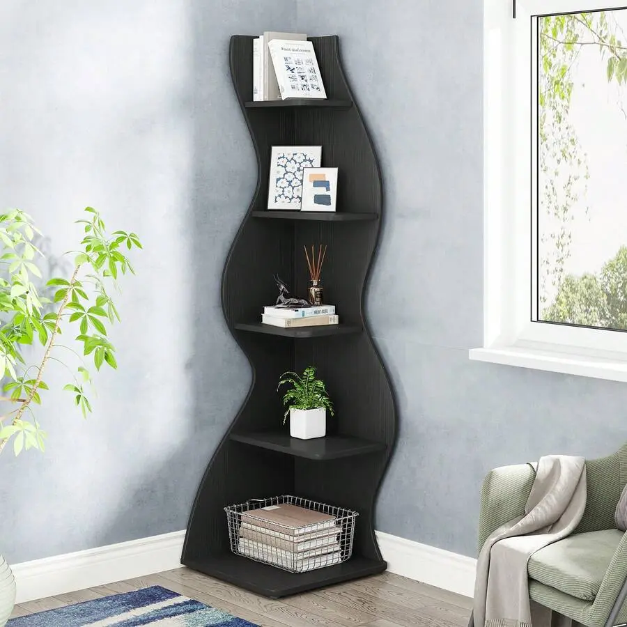 Modern Minimalist 5-Layer Corner Bookshelf, Corner Bookshelf, Display Cabinet, Shelving Unit, Open Storage, For Living Room, Study, And Bedroom. Multifunctional Storage Shelf. Easy To Install.