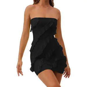 HOCILLE Stretchy Mesh Ruffle Mini Dress - Sexy Strapless Bodycon Spring Date Night Outfit, Tummy Control Snatched Graduation Dress, Elegant Tube Top Party Clubwear for Women 2026