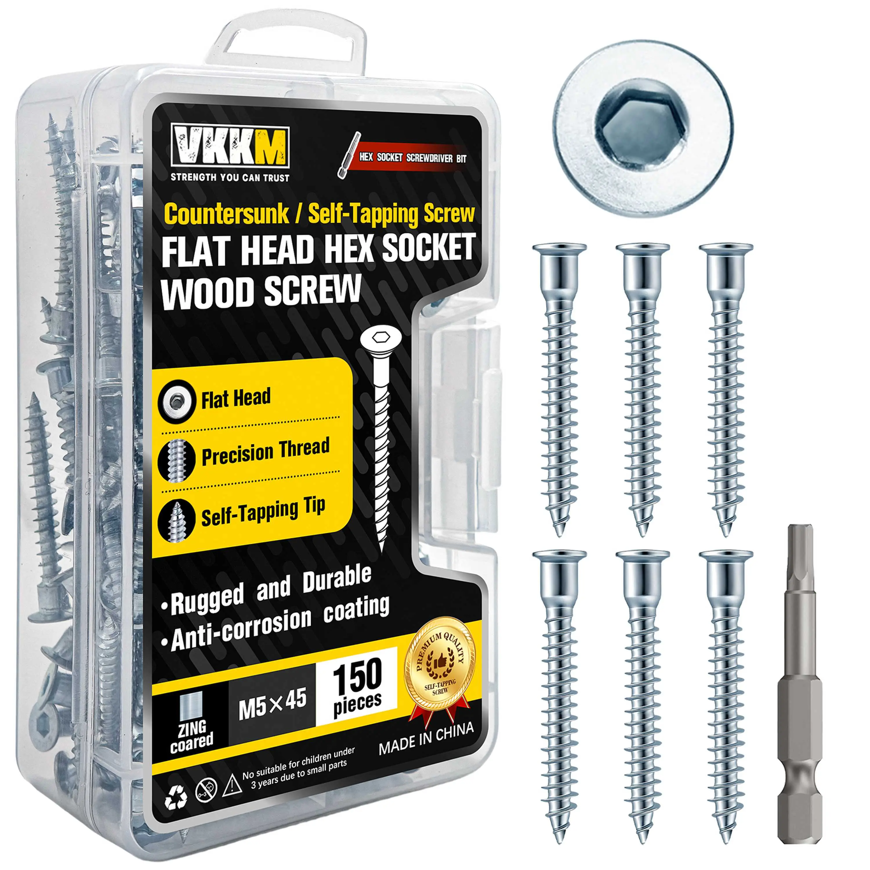 VKKM 150Pcs M5 x 45mm Zinc Plated Hex Socket Countersunk Wood Screws, Allen Flat Head Self Tapping Screws with Matching Hex Bit, Anti-Corrosion Wood Fasteners for Furniture Assembly, Cabinet Making & General Woodworking Projects