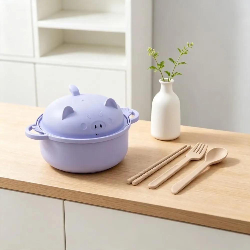 Heat Resistant Wheat Straw Tableware Set, Drainable Cover Noodle Bowl Suitable for Family Daily Dining(Pig-Purple）