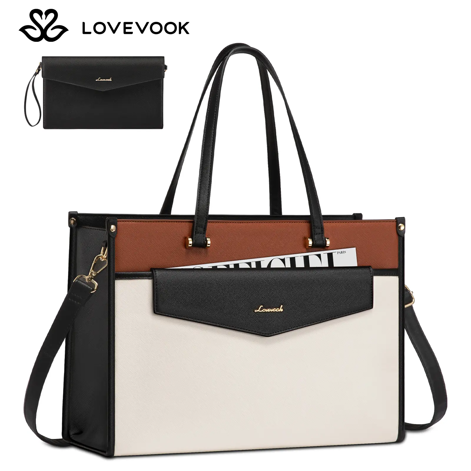LOVEVOOK Laptop Bags for Women, 15.6 inch Laptop Tote Bag 2-in-1 Professional Work Bag Business Briefcase with Clutch Purse, Waterproof Leather Crossbody Bags, Everyday Bags, Shoulder Bags for Teacher Office Travel,