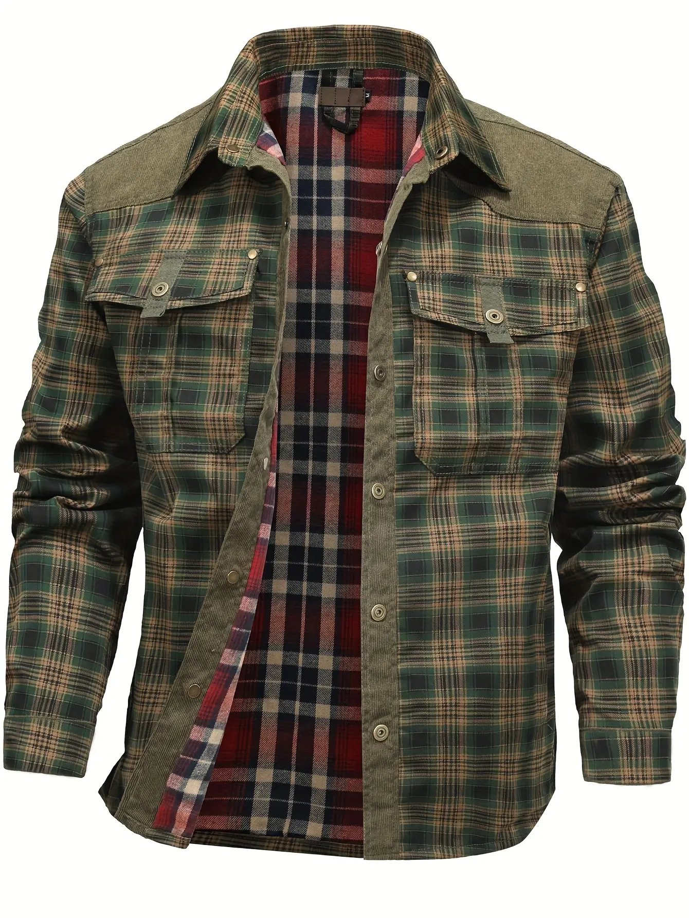 Men's Vintage Plaid Shirt Jacket, Casual Loose Fit Long Sleeve Workwear Overshirt with Patch Pockets and Snap Closure, Work Shirts, Menswear, Tops, Longsleeves, Plaid Shirts