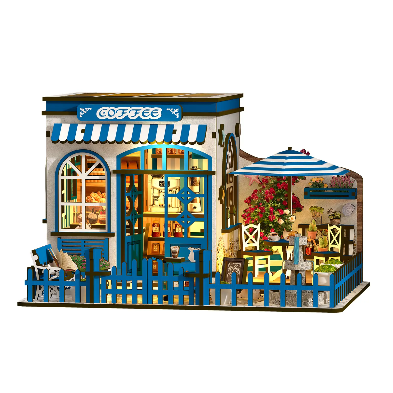 DIY Miniature House Kit — Santorini Sun Coffee | Touch LED 3-Zone Warm Light | 317 Pcs Mediterranean Café Book Nook