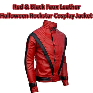 Red & Black Faux Leather Halloween Rockstar Cosplay Jacket – Party / Dance Stage Performer Costume