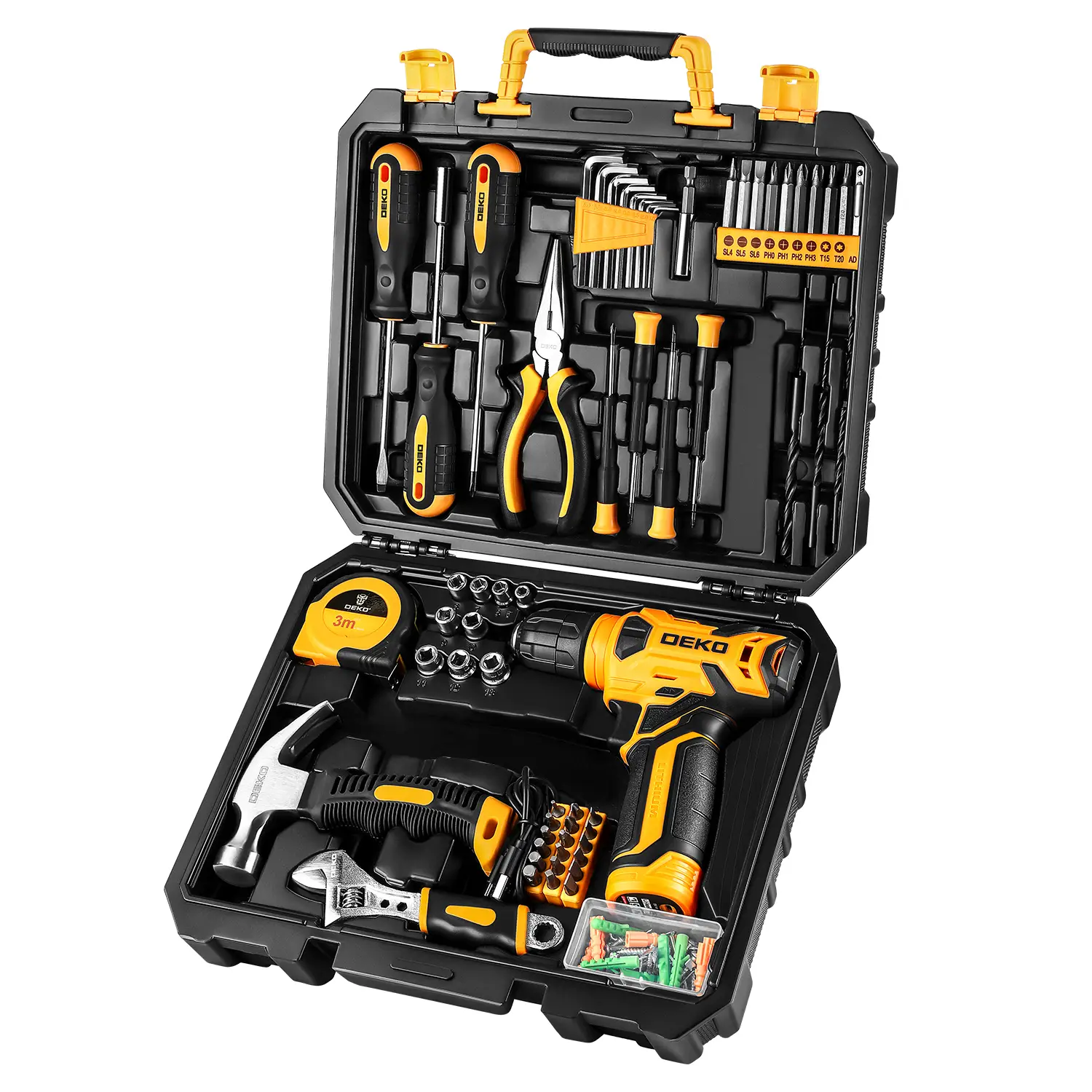 DEKO 126 Piece Power Tool Combo Kits with 8V Cordless Drill, 10MM 3/8'' Keyless Chuck, Rechargeable Lightweight Drill with LED light, All in One DIY H