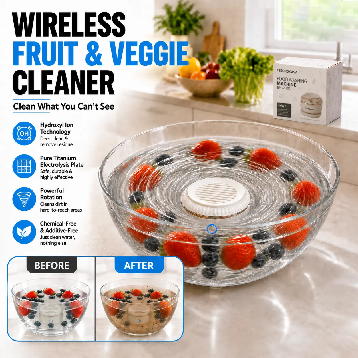 TESORO CASA Titanium Electrolysis Kitchen Food Purifier, Cordless Fruit & Vegetable Cleaner with Intermittent Vortex Tech & Cordless Power for Flexible Washing, IPX7 Waterproof Deep Cleaner