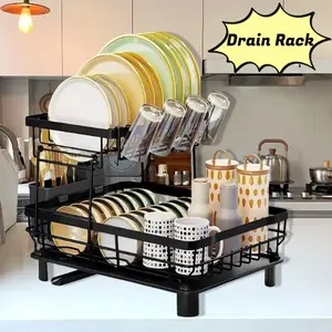 2-Tier Dish Drying Rack,Dish Drying Organizer with Drainboard,Detachable Dish Drainer Organizer,Tableware Drain Storage Shelves,Kitchen Cutlery Room Organizer,Halloween Gift,Mother's Day Gift, Black