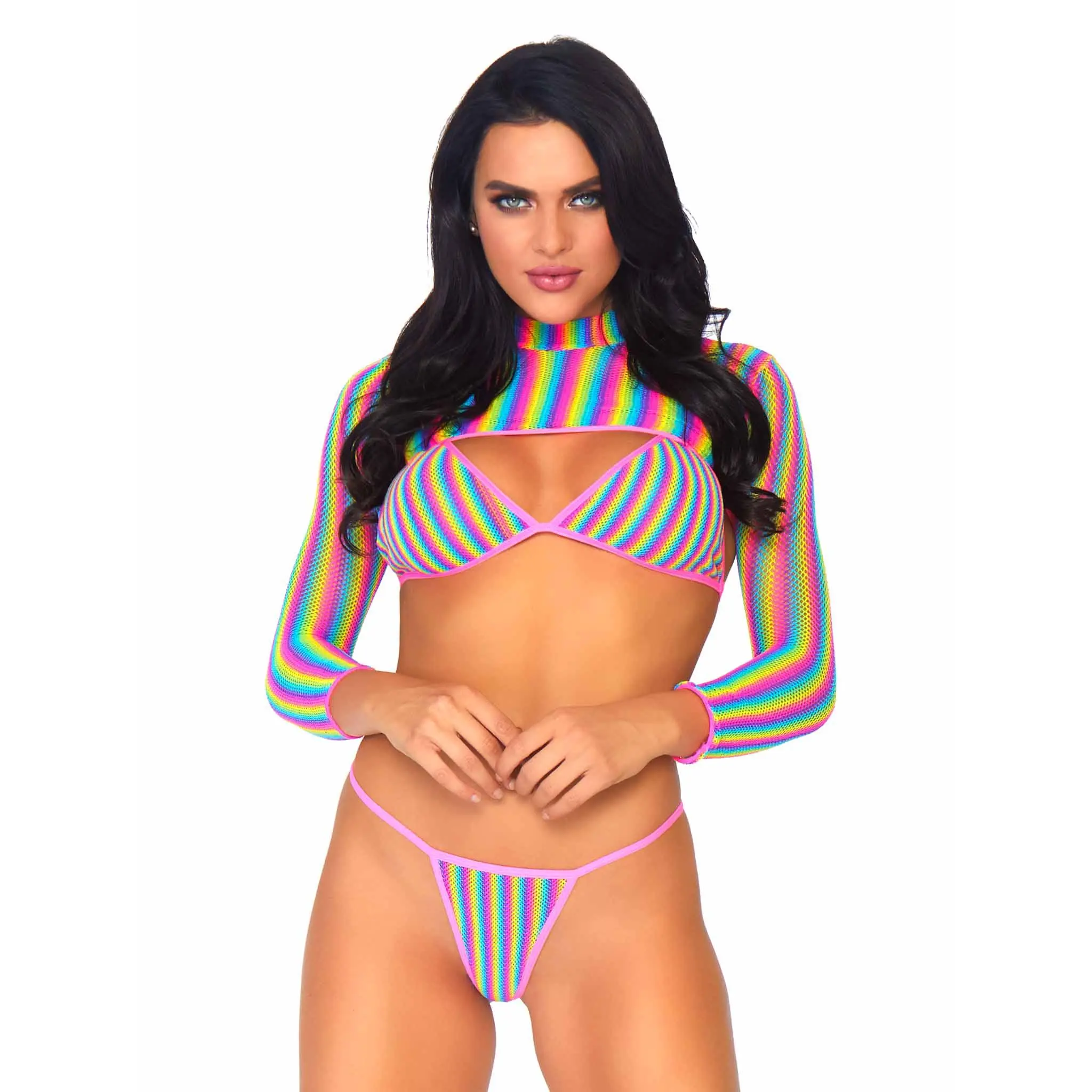Women's 3-Piece Stretch Fishnet Bikini Set - Includes Long Sleeve Crop Top, Fishnet Bra & G-String, Rave Festival Outfit, Bikini Sets, Long Sleeve Shirt, Layering, Fishnet Fabric