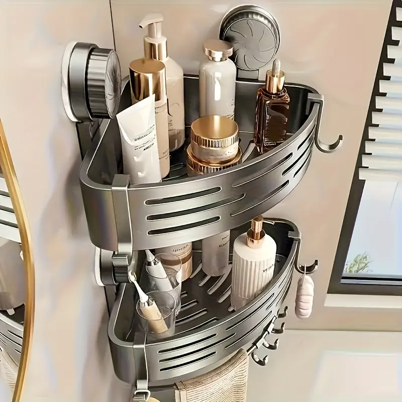 Metal Bathroom Suction Cup Caddy Organizer with Hooks - No-Drilling, Compact Triangular Design, Adjustable Eco-Friendly Space-Saving Multi-Purpose Shower & Toilet Wall Storage Organizer