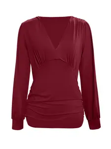 Women's Unique Design Solid V-Neck Long Sleeve Top Pure Red Color Trendy Casual Fitted Basic Minimalist Style for Autumn Winter Elegant Gatherings and Dates clothes women long sleeve women
