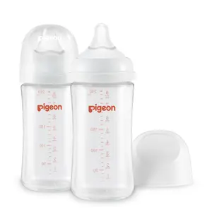 Pigeon Glass (Pack of 2) Nursing Baby Bottle Wide Neck, Anti-Colic, Streamlined Body, Natural Feel, Easy to Clean, Heat-Resistant, 8.1 oz, Includes 2pcs M Nipples (3m+) baby registry essential
