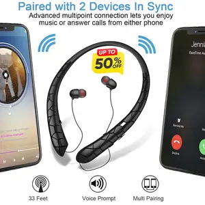 Neckband Headset Waterproof Workout Headphones Bluetooth-Compatible5.0 Noise Canceling Retractable Earbuds with Mic for iPhone Samsung LG NEW