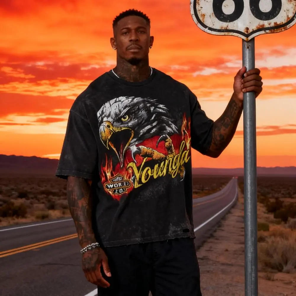 Eagle Menswear Unisex Oversized Washed Cotton Shortsleeve Round Neck Graphic T-Shirt - Soft Premium Print, Breathable Fabric, Casual Daily Wear, Biker Gift, Streetwear (67)
